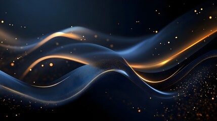 Blue luxury background with golden line decoration and curve light effect with bokeh elements. Modern art elegant dark scene. Ideal for Cover Design, Posters, Luxury Style and Promoting Product Banner