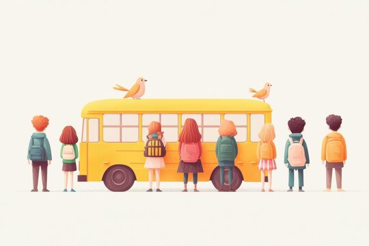 Students lining up for school bus, daily routine and backpacks ready, flat design illustration