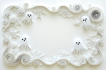 Whimsical Quilled Ghosts and Paper-Cut Spider Webs Banner for Halloween with Space for Text