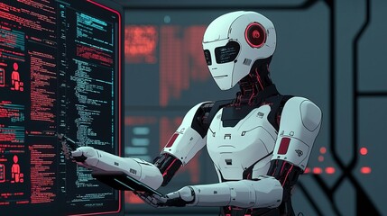 A futuristic robot interacts with a digital display, showcasing advanced technology and coding in an immersive, high-tech environment.