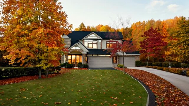 Luxury suburban house with autumn foliage, warm evening light for real estate and seasonal beauty. Comfortable family home, fall colors and residential architecture in upscale neighborhood