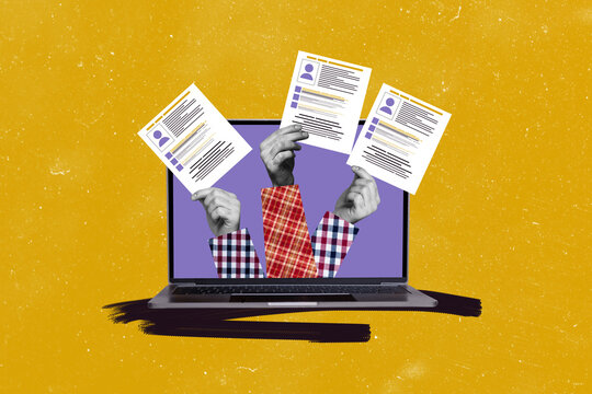 Composite photo collage of hands hold cv paper candidate application choose online service laptop screen isolated on painted background