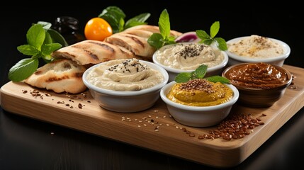 A rustic wooden board adorned with a medley of creamy dips, each boasting a unique flavor profile, accompanied by warm, lightly toasted flatbreads.