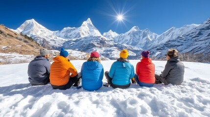 A group of friends sits in the snow, admiring majestic mountains under a clear blue sky, basking in sunshine.