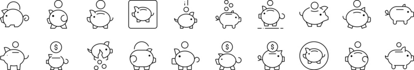 Piggy Bank Related Image Collection. Editable Stroke. Perfect for Infographics, Articles, Books, Flyers, Banners