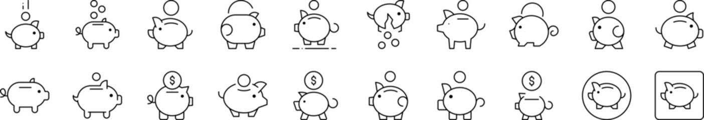 Piggy Bank Outline Icon Collection. Editable Stroke. Perfect for Infographics, Articles, Books, Flyers, Banners