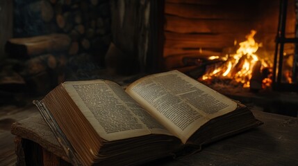 An Open Book Resting on a Wooden Surface Near a Fireplace