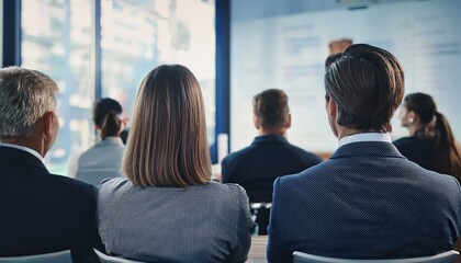 Fototapeta premium Young colleagues raising hands to ask questions during business meeting sitting back in office. Diverse business people voting at the conference in meeting room listening their