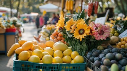 Fresh Produce Display with Lemons, Mangos, Plums, and Sunflowers