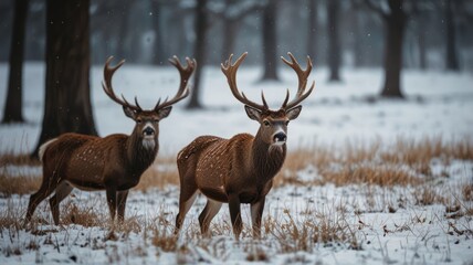 Two red deer stags stand in a snowy forest, looking towards the viewer.