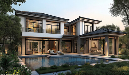 Fototapeta premium AI generator images of white house in the middle of a natural garden,Beautiful contemporary white house with lush grass Residential house for family. Traditional style home with beautiful landscaping.