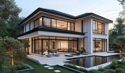 Fototapeta premium AI generator images of white house in the middle of a natural garden,Beautiful contemporary white house with lush grass Residential house for family. Traditional style home with beautiful landscaping.