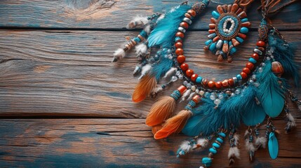 Naklejka premium A bohemian-style necklace with feathers and beads, displayed on a rustic wooden surface.