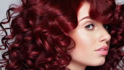 Obraz premium Lush dark red curls shine brightly, gracefully cascading down the back, showcasing rich color and vibrant texture in natural lighting. Mahogany color. Care cosmetics. Generative AI