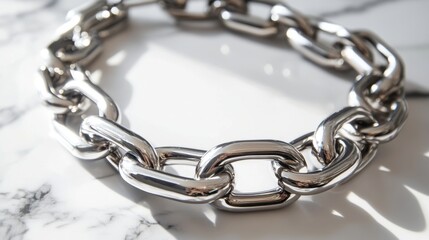 Fototapeta premium A bold metal necklace with chunky links displayed against a marble surface.