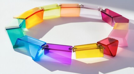 A bold statement necklace made from colorful acrylic pieces, resting on a white surface.