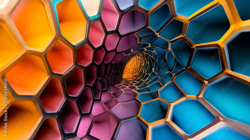 Poster abstract honeycomb tunnel with vibrant colors in a symmetrical pattern, creating a mesmerizing visua
