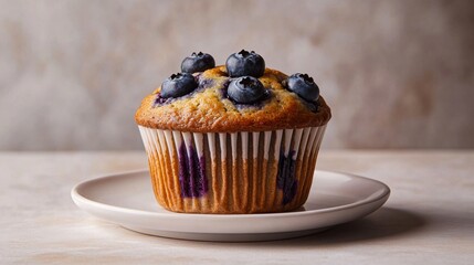 Freshly baked blueberry muffin on a white plate in soft lighting