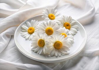Obraz premium Soft white daisies resting on a plain plate evoke calmness, showcasing the charm of minimalistic beauty and the peaceful essence of nature's understated art.