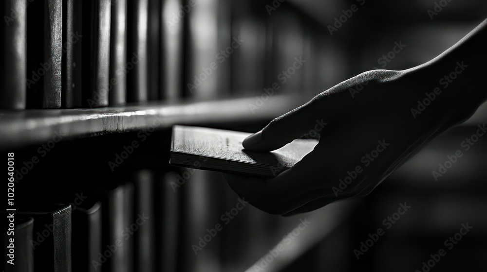 Poster hand reaching for a book on a shelf in a library