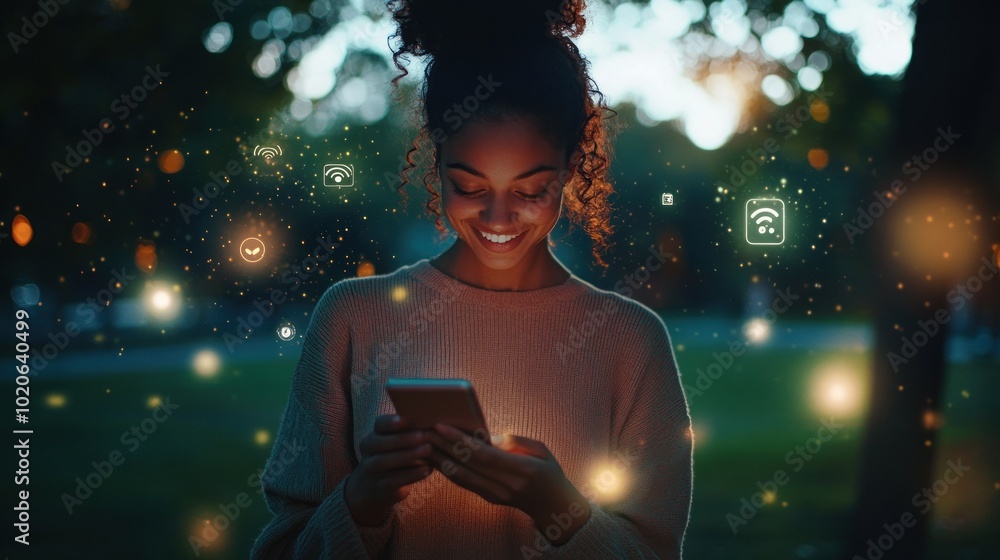 Aufkleber smiling woman using smartphone with wifi icons in a nighttime setting