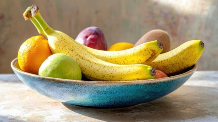 bananas in a fruit bowl with other colorful fruits, highlighting diversity and healthiness