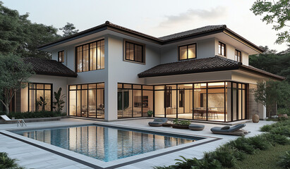Fototapeta premium AI generator images of white house in the middle of a natural garden,Beautiful contemporary white house with lush grass Residential house for family. Traditional style home with beautiful landscaping.