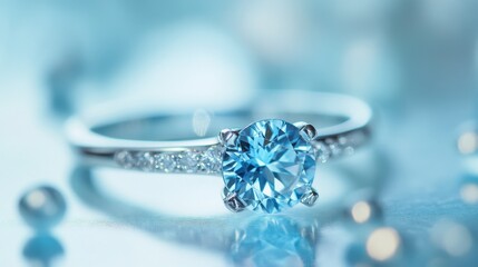 A close-up of a gemstone ring set in white gold, reflecting soft light for a luxurious feel.