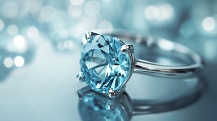 A close-up of a gemstone ring set in white gold, reflecting soft light for a luxurious feel.