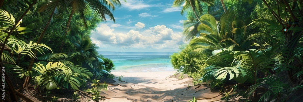 Poster the vibrant greenery of a tropical forest transitions seamlessly into a sandy beach, where gentle oc
