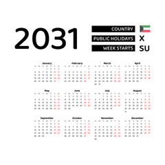 Calendar 2031 English language with Kuwait public holidays. Week starts from Sunday. Graphic design vector illustration.