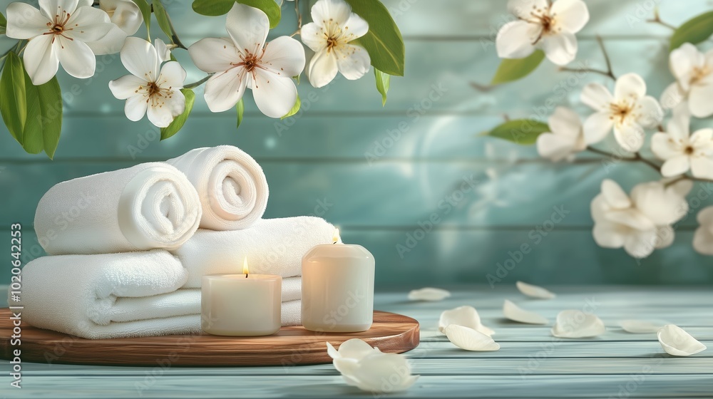 Poster relaxing spa setup with towels, candles, and flowers creating a serene atmosphere in a tranquil envi