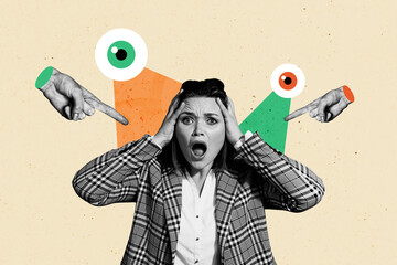 Trend artwork 3D sketch image photo collage of monochrome young lady confused shocked headache...