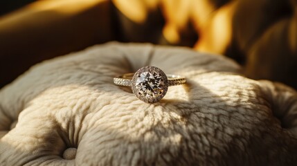 A close-up of a sparkling diamond engagement ring resting on a plush velvet cushion.