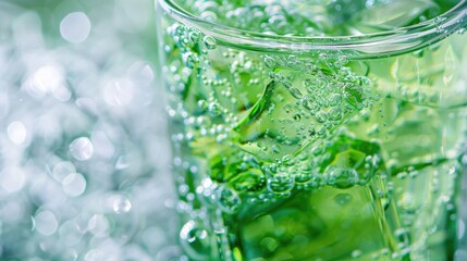 A close-up of a glass filled with a vibrant green sparkling drink, placed on a natural background with lush greenery. Chlorophyll Water
