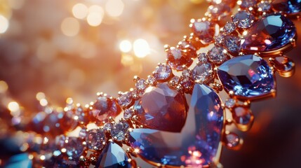 A close-up of a statement necklace with large gemstones, shining under bright studio lights.