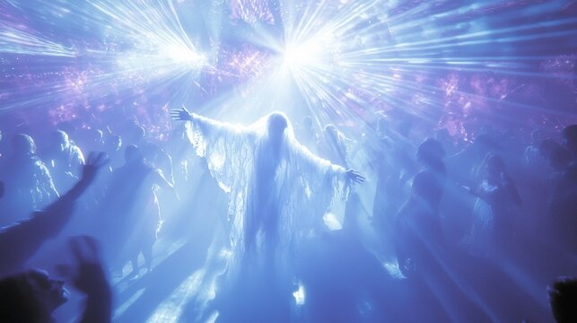 Eerie Halloween Rave: Ghostly Figure Leading Dance Circle in Spooky Atmosphere with Vibrant Lights