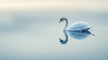 Fototapeta premium A close-up of a swans reflection in the water as it glides silently across a serene lake.