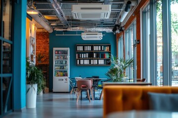 Modern Office Interior with Exposed Ceiling and Large Windows