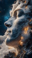 The silent face carved from stone merges with the stars, symbolizing eternal stillness amidst cosmic chaos.
