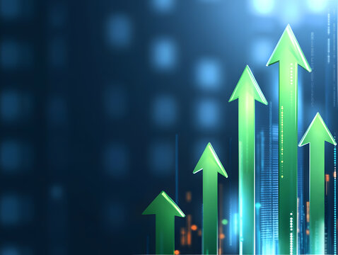 A series of green arrows pointing upwards on a blue background