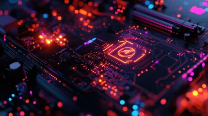 Close-up of a glowing circuit board with a red symbol
