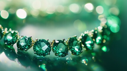 A close-up of an emerald necklace glittering under soft light, creating a luxurious feel.