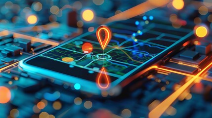 Fototapeta premium Concept of geofencing, featuring a digital map with virtual boundaries, a location pin, and a mobile device showcasing a geofencing app.