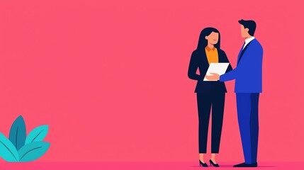 Two professionals discussing a project on a colorful background.