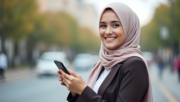 A happy young Muslim woman using a mobile phone while standing on a downtown street looking confidently at the camera