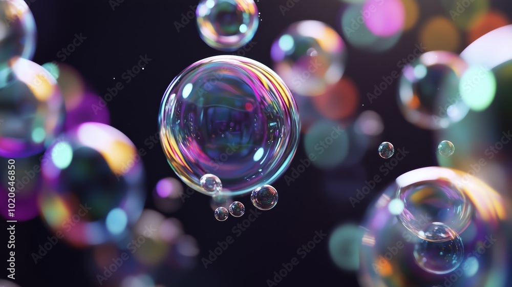 Poster colorful soap bubbles float gracefully in a dark background, creating a mesmerizing effect during a 