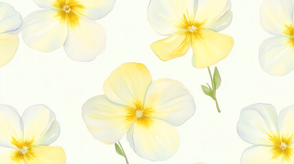 Delicate watercolor primroses in soft yellow and white, arranged gently on a light background, seamless design