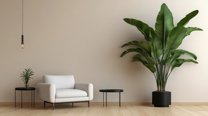 Minimalist modern living room with white armchair, plants, and pendant light