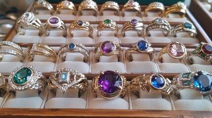 Fototapeta premium A collection of birthstone rings arranged in a beautiful display, representing different personalities.